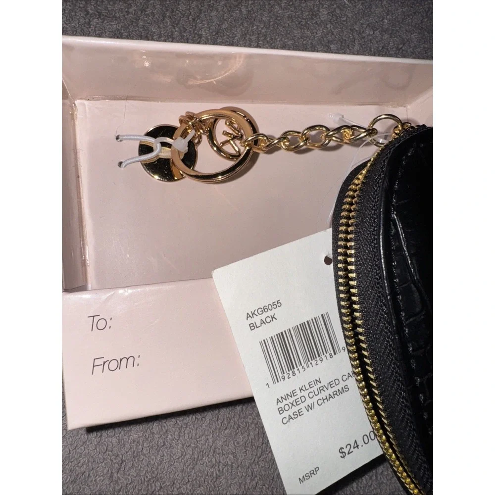 Anne Klein AK Curved Black Logo Card Case W/charms NWT